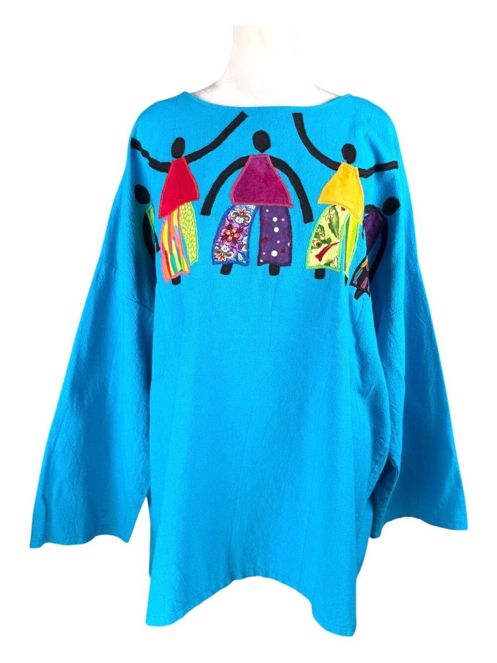 Alfredo's Wife XL Tunic Top Turquoise Applique Dancers Art to Wear Boho